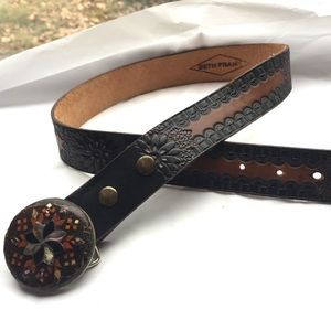 Beth Frank Brown Black Tooled Quality Leather Belt Inlay Pearl Floral Buckle